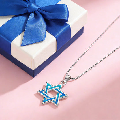 Judaic Blue Fire Opal Star of David Pendant Necklace,White K Plated