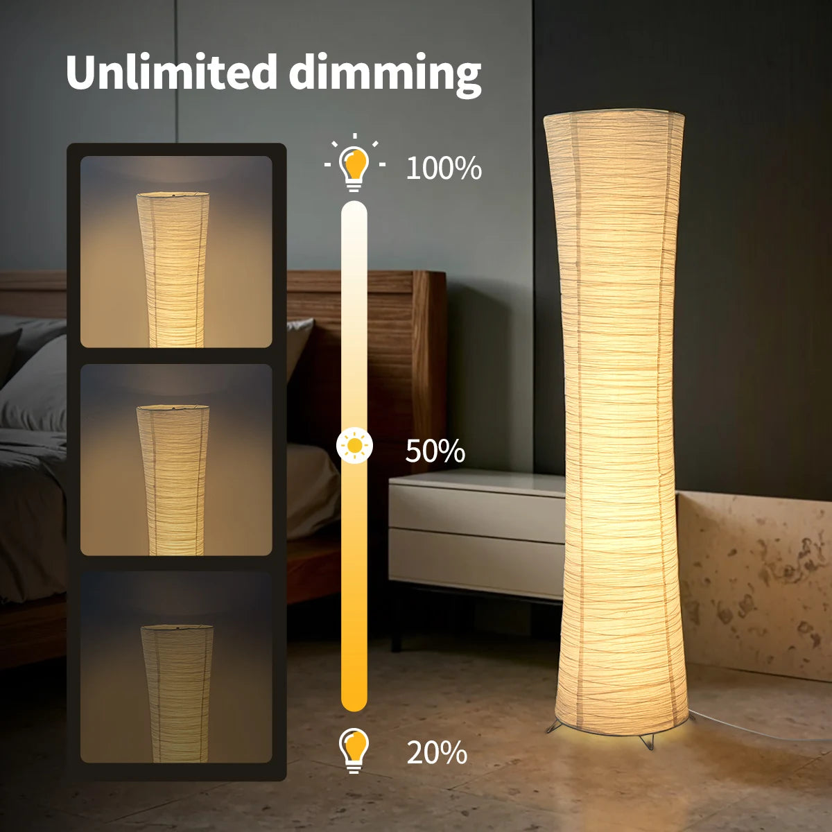 Remote paper and chrome-plated standing lamp with LED light strip