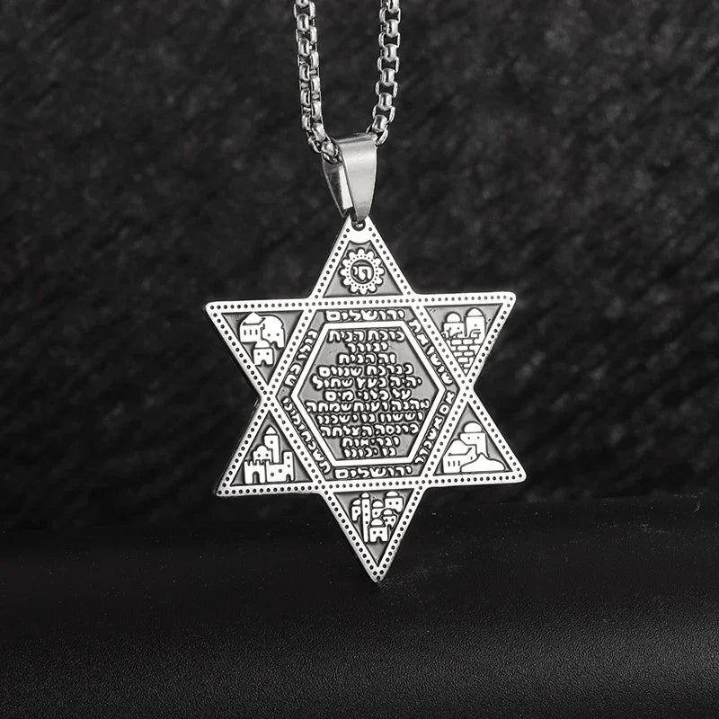 Stainless Steel Hamsa Hands of Fatima Hebrew Blessing Star of David Necklace