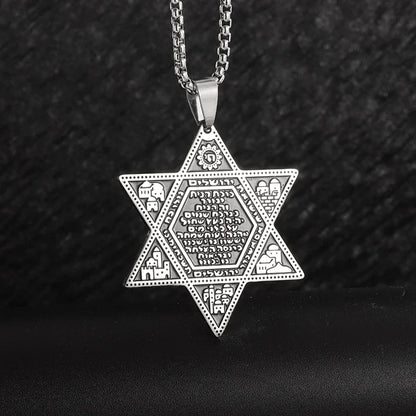 Stainless Steel Hamsa Hands of Fatima Hebrew Blessing Star of David Necklace