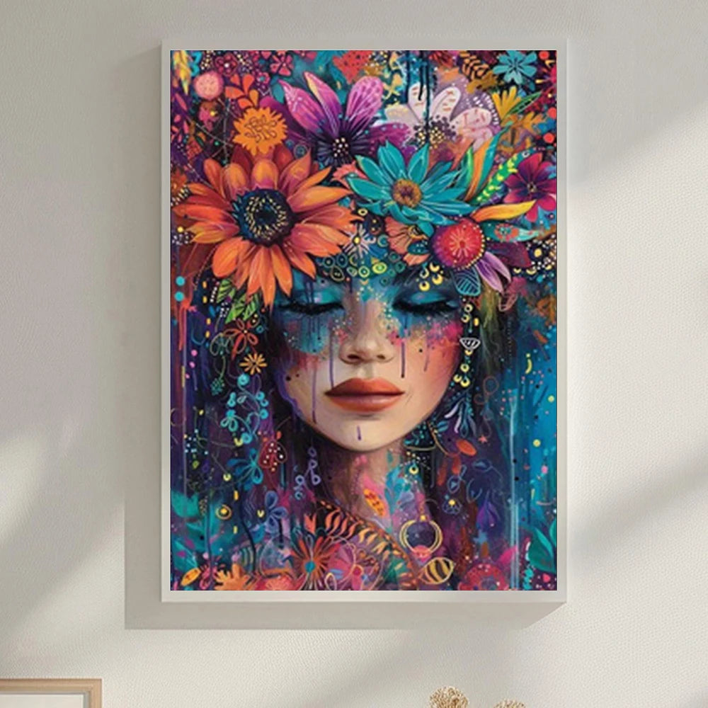 5D Rhinestone Art Puzzle Inlay 12x16Inch Diamond Painting Woman Flowers Mosaic Cross Stitch Kit