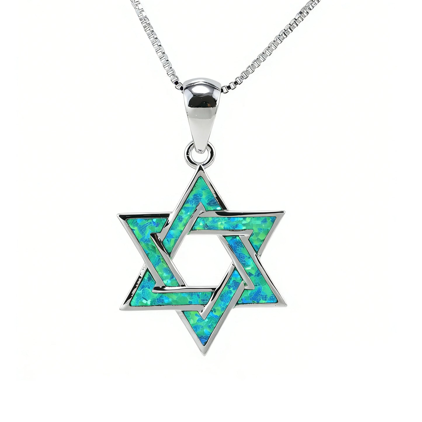 Judaic Blue Fire Opal Star of David Pendant Necklace,White K Plated