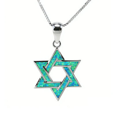 Judaic Blue Fire Opal Star of David Pendant Necklace,White K Plated