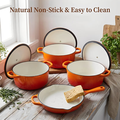 Enameled Cast Iron Cookware Set 4-Piece, 3 Round Dutch Ovens & 1 Skillet: 8 Inch (2Qt), 9 Inch (3Qt), 9.5 Inch (4Qt) & 10 Inch  Pan