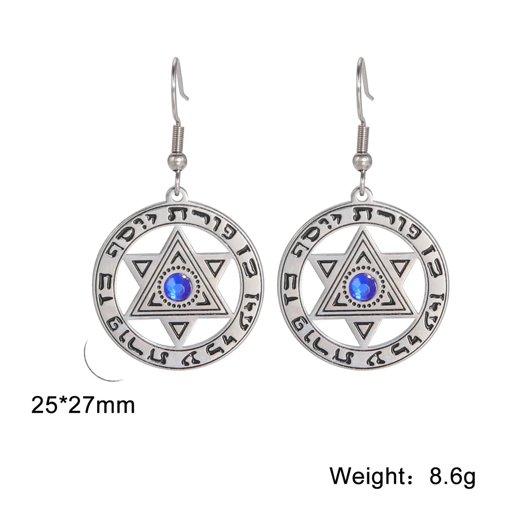 Stainless Steel Earrings with a Chai and Star of David over a Crescent Moon Drop