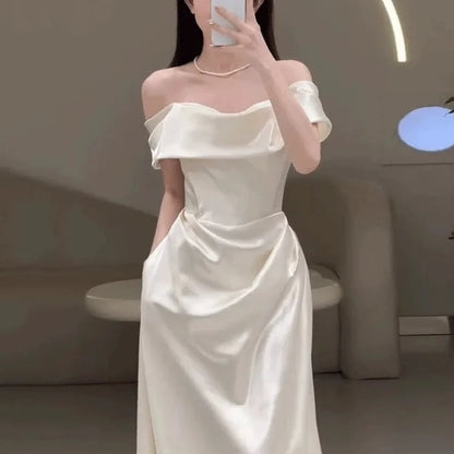 Satin One-Shoulder White Bridal Gown with Veil