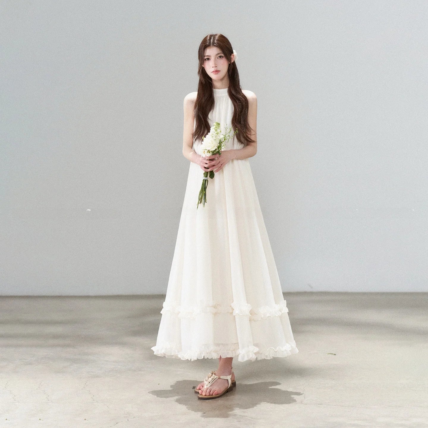 Apricot Sleeveless Long A-Line Dress
