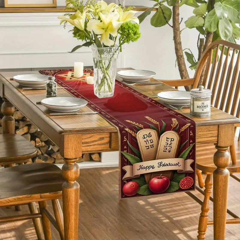 Happy Shavuot Star of David Torah Tablets Pattern  Kitchen Dining Table Runner