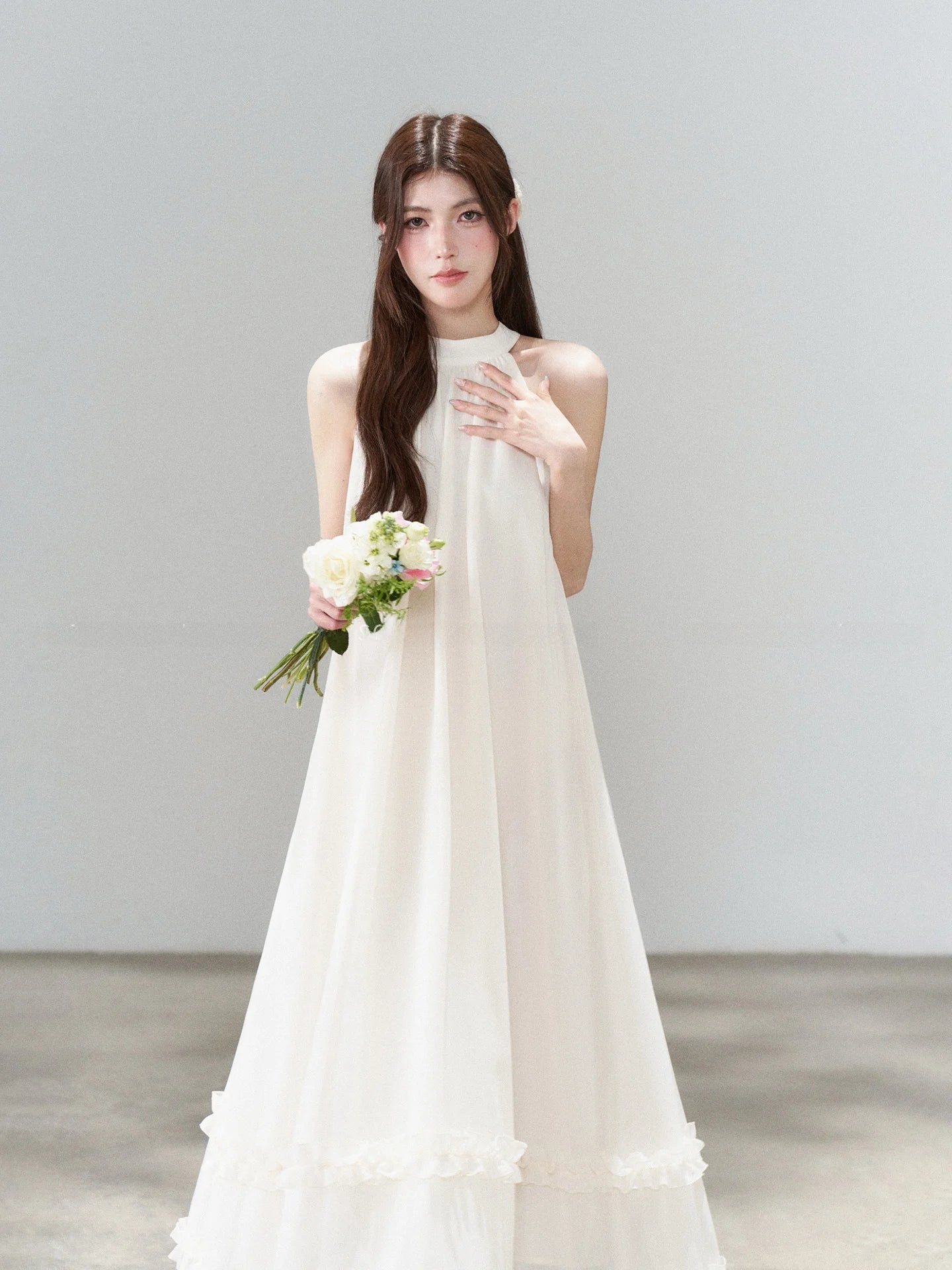 Apricot Sleeveless Long A-Line Dress