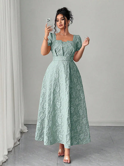 Mint Green Plus Size Floral Jacquard Maxi Dress Square Neckline, Puffed Sleeves, And Defined Waist