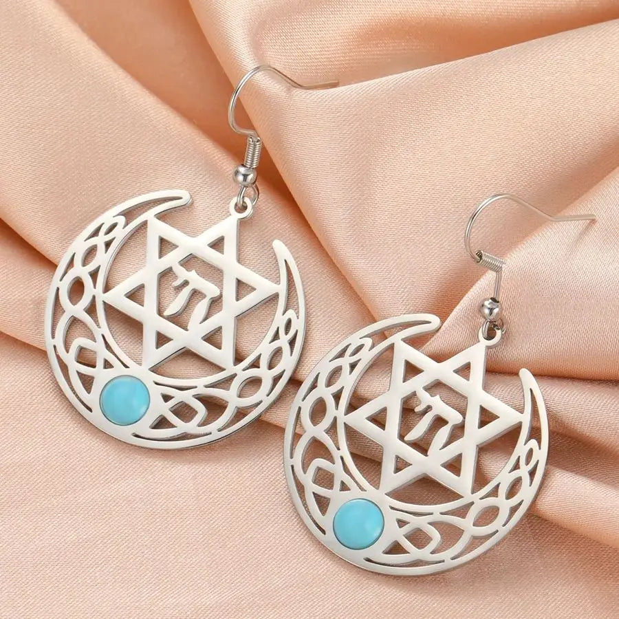Stainless Steel Earrings with a Chai and Star of David over a Crescent Moon Drop