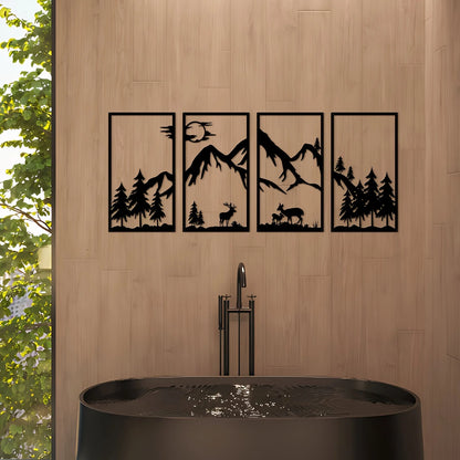 4 pieces mountain scene Black line wall decorations,