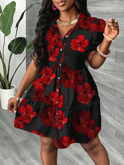 Women's Floral Print Puff Sleeve A-Line Mini Dress  Boho Summer Dress