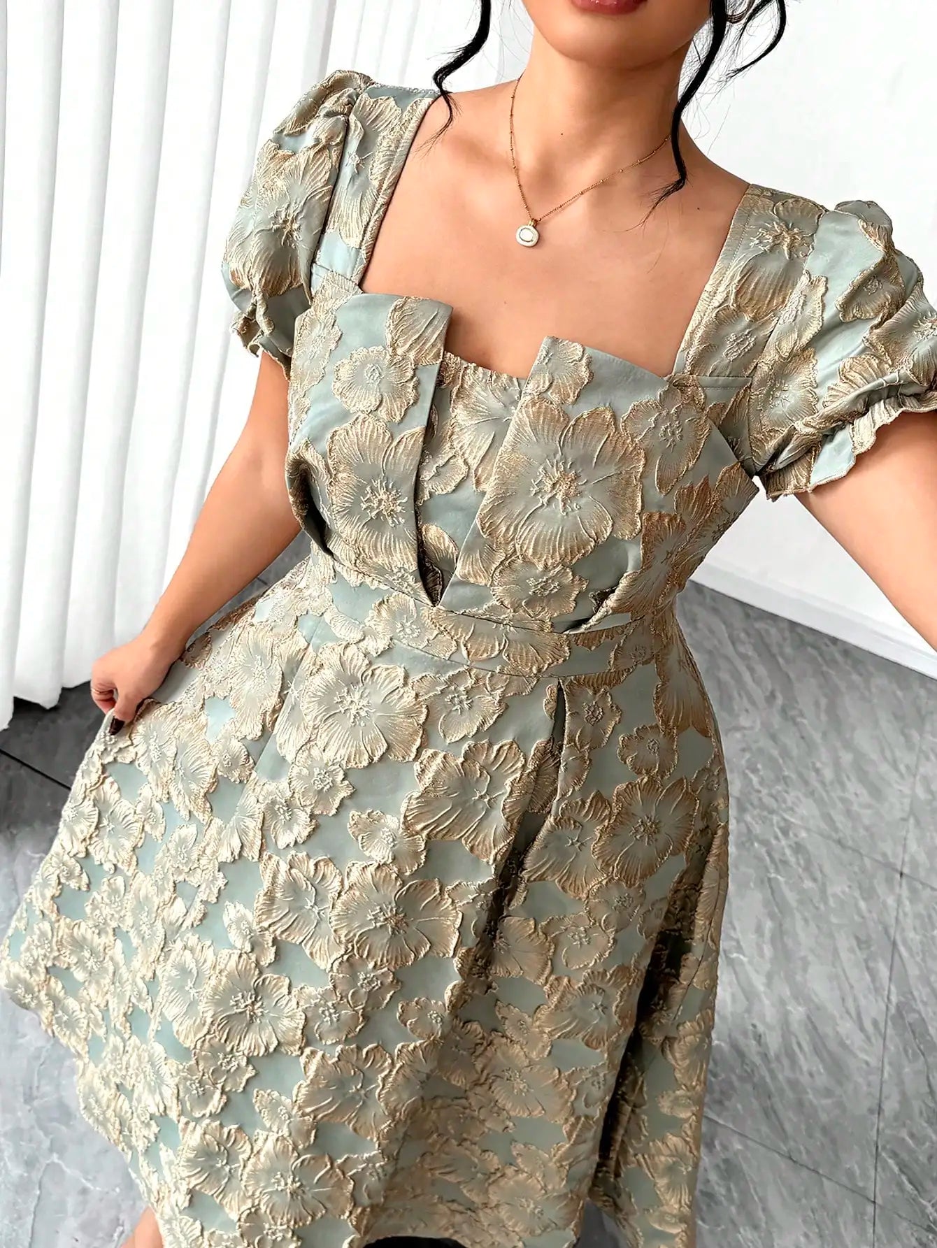 Mint Green Plus Size Floral Jacquard Maxi Dress Square Neckline, Puffed Sleeves, And Defined Waist