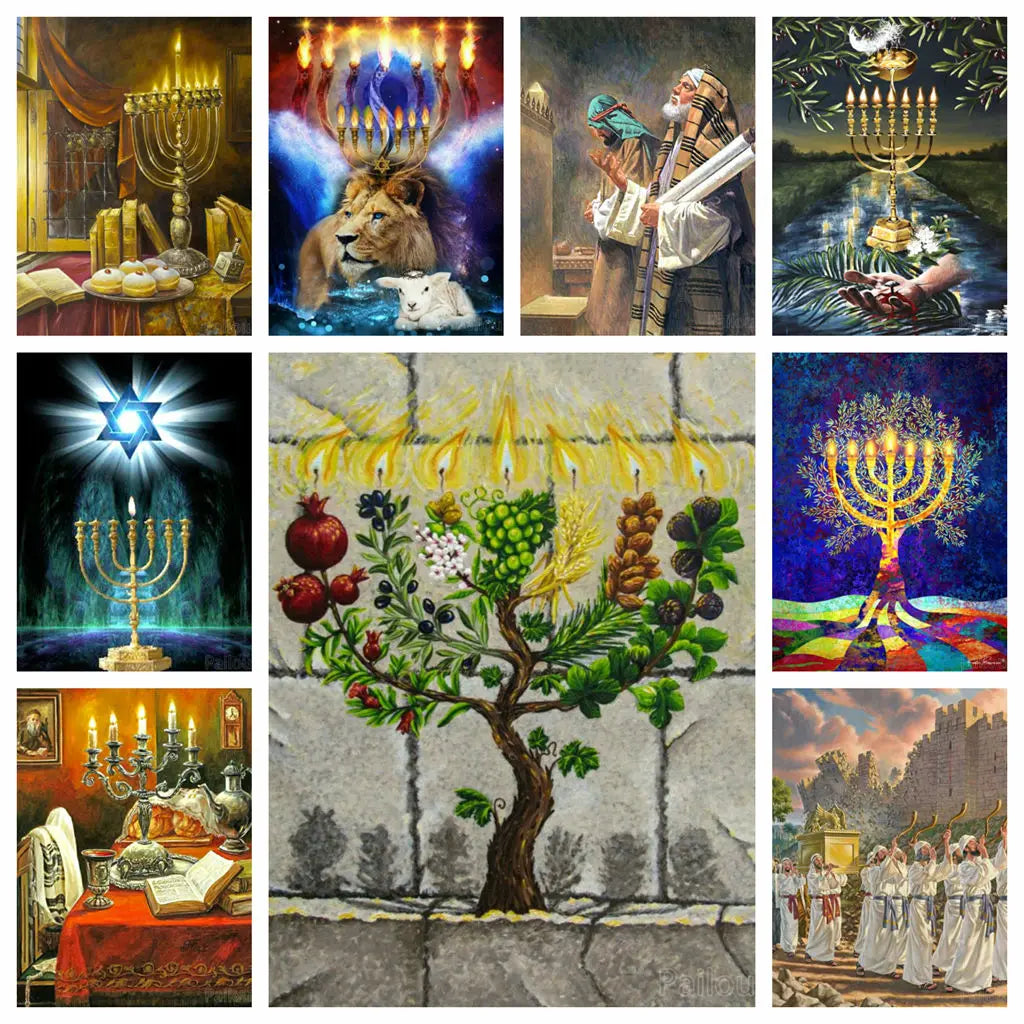 5D DIY Judaism Shofar Menorah Sparks Mosaic Embroidery Diamond Painting Art