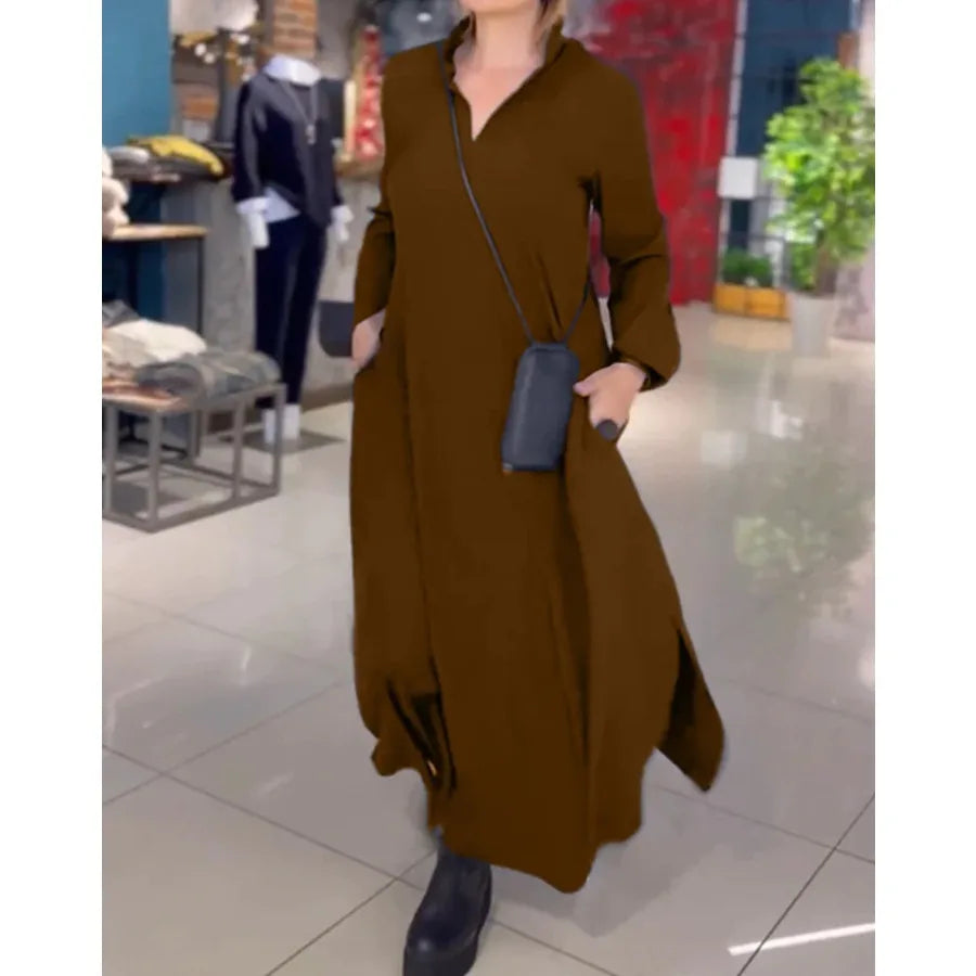 【New style】2026 autumn and winter loose solid color V-neck overhead long sleeve dress