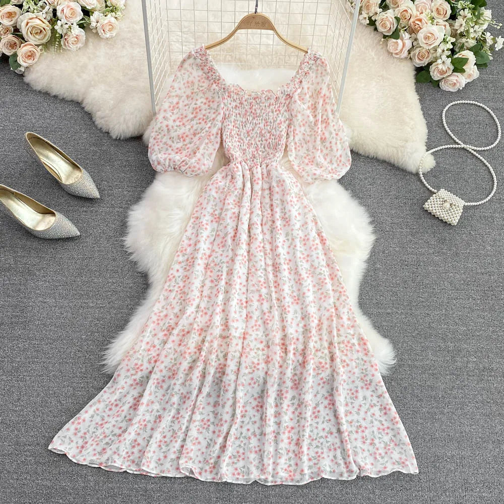 Floral Chiffon High Waist A-Line Square NeckLine Dress