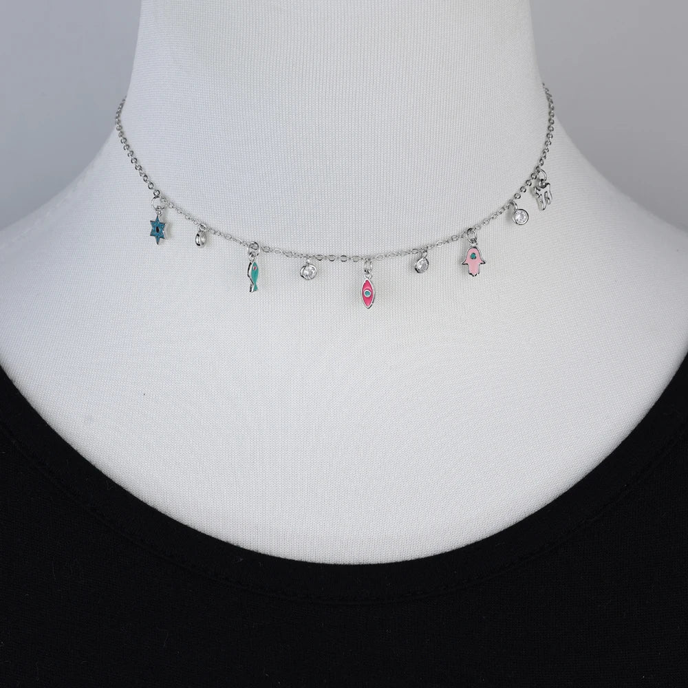 Silver and Gold Enamel Judaica Charm Necklace