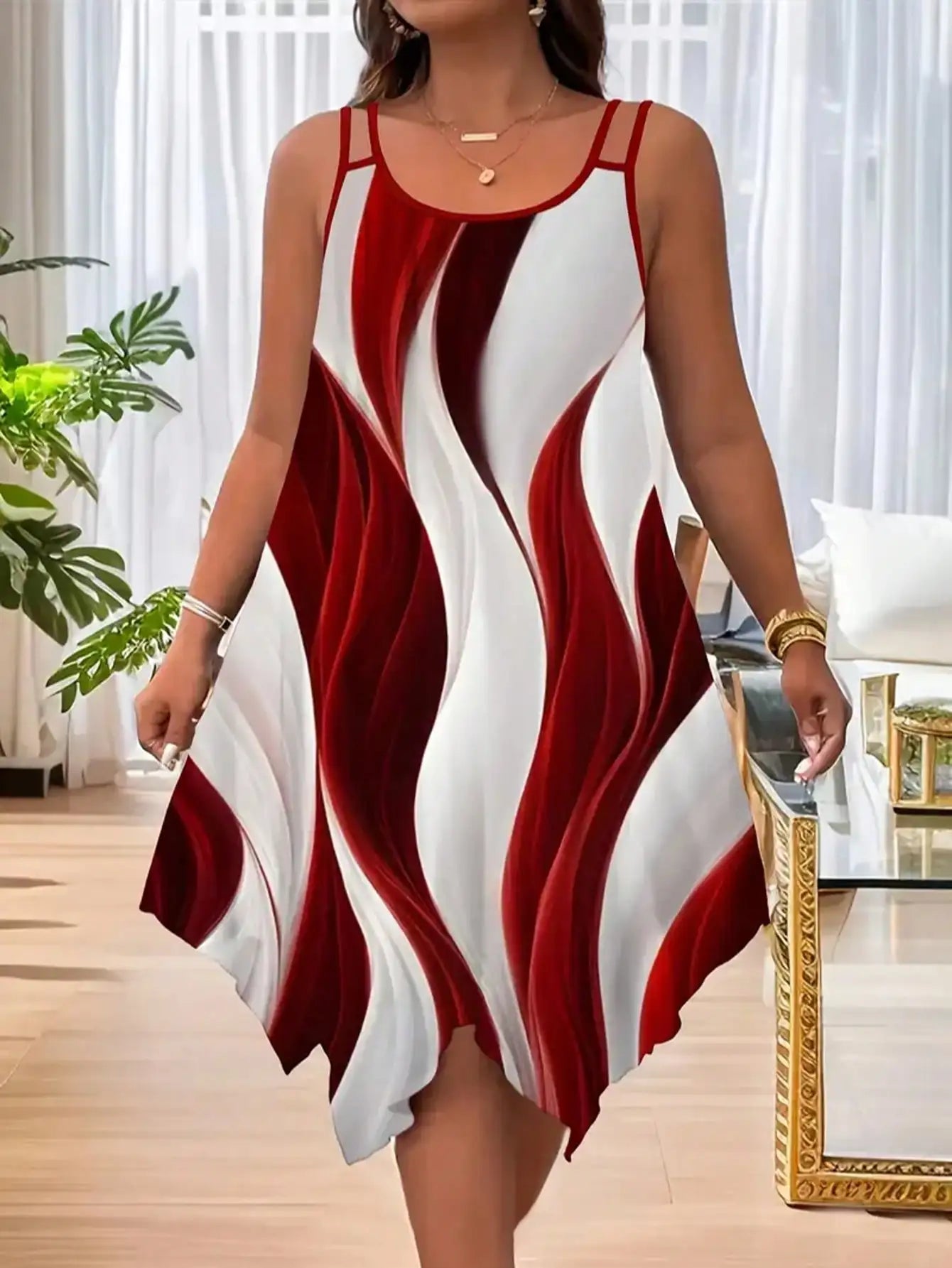 Plus Size Sleeveless Striped Print Asymmetric Hem Dress