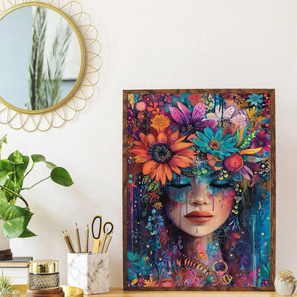 5D Rhinestone Art Puzzle Inlay 12x16Inch Diamond Painting Woman Flowers Mosaic Cross Stitch Kit