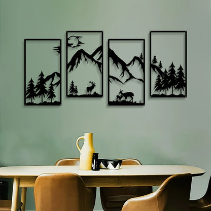 4 pieces mountain scene Black line wall decorations,
