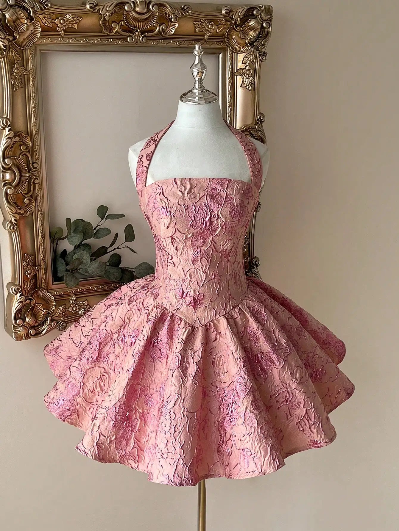 Elegant Burgundy Jacquard Halter Backless A-Line Mini Dress