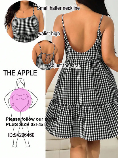 Plus Size Pink Gingham Cami  Spaghetti Strap Ruffle Hem  Sundress