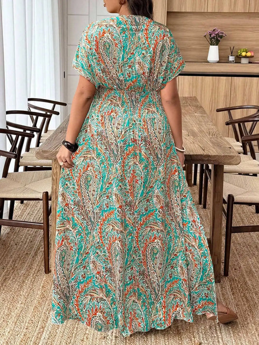 Plus Size Paisley Floral Print Deep Shirred Waist  Maxi Dress
