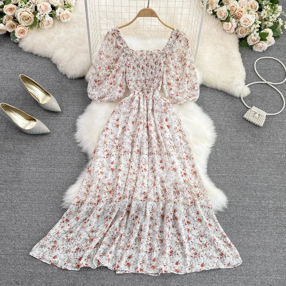 Floral Chiffon High Waist A-Line Square NeckLine Dress