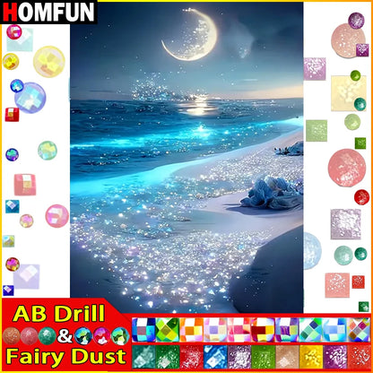 Fairy Dust AB Rhinestone Painting Crystal Decor Diy Diamond Painting "Scenery Beach Moon" 3D Pattern