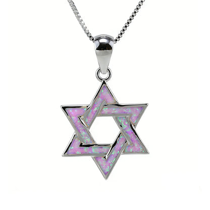 Judaic Blue Fire Opal Star of David Pendant Necklace,White K Plated