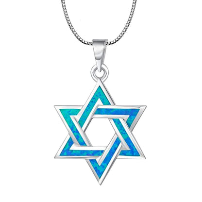 Judaic Blue Fire Opal Star of David Pendant Necklace,White K Plated