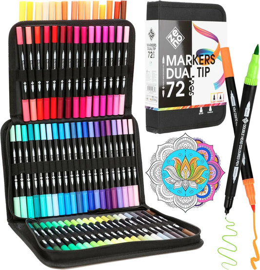 72 Dual Tip Art Markers Set with Case - Fine & Brush Tips, No-Bleed Watercolor Pens