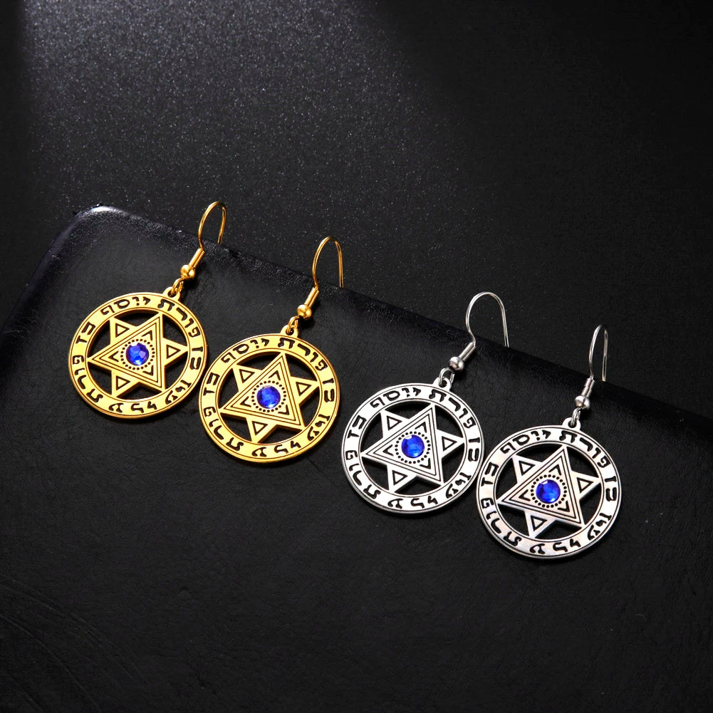 Stainless Steel Earrings with a Chai and Star of David over a Crescent Moon Drop