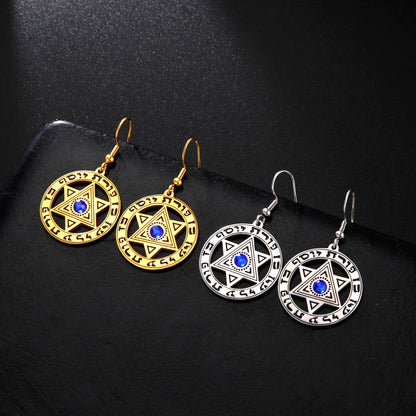 Stainless Steel Earrings with a Chai and Star of David over a Crescent Moon Drop