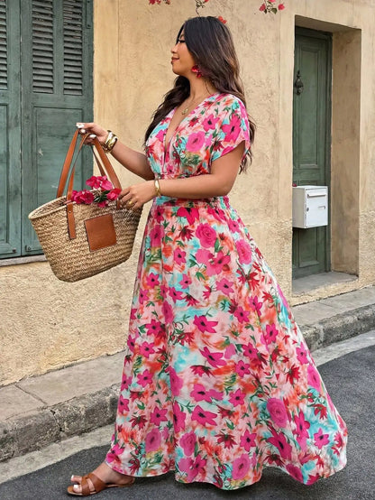 Plus Size Paisley Floral Print Deep Shirred Waist  Maxi Dress