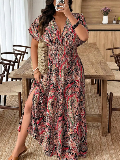 Plus Size Paisley Floral Print Deep Shirred Waist  Maxi Dress
