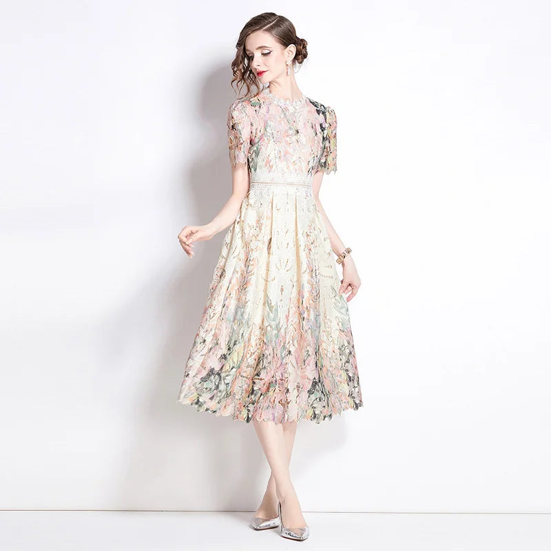 Lace Hollow out Print Midi Short-Sleeve A-Line Dress