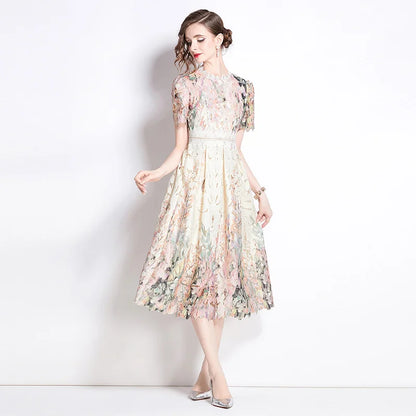 Lace Hollow out Print Midi Short-Sleeve A-Line Dress