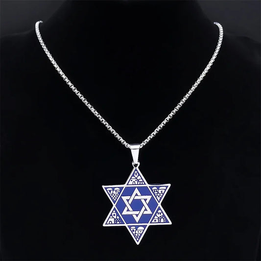 Judaica Blue Color Stainless Steel Star of David Shield Necklaces