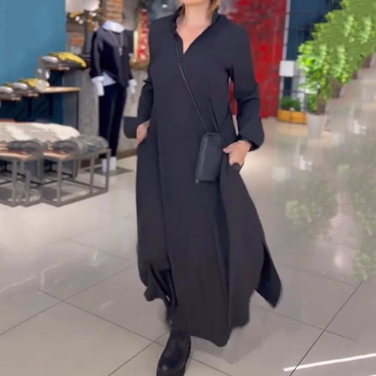 【New style】2026 autumn and winter loose solid color V-neck overhead long sleeve dress