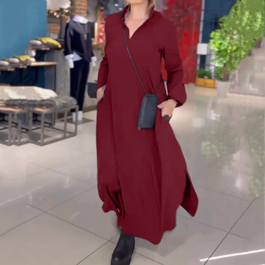【New style】2026 autumn and winter loose solid color V-neck overhead long sleeve dress