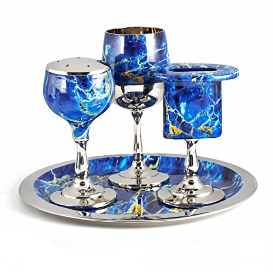 Nickel Plated Blue Marble  Havdalah Set