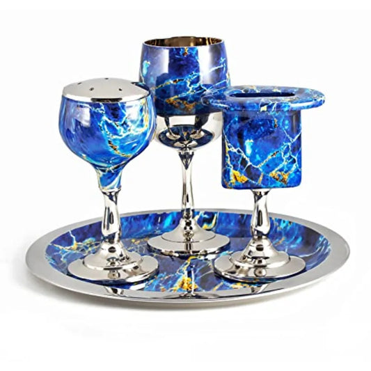 Nickel Plated Blue Marble  Havdalah Set