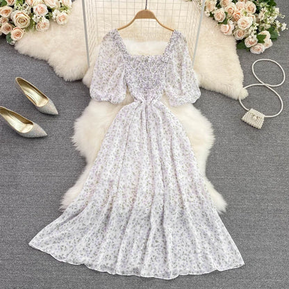Floral Chiffon High Waist A-Line Square NeckLine Dress