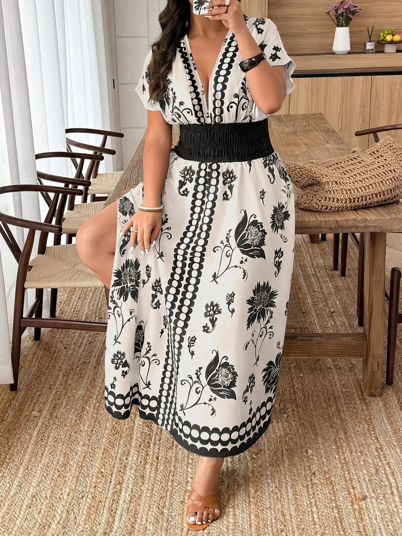 Plus Size Paisley Floral Print Deep Shirred Waist  Maxi Dress