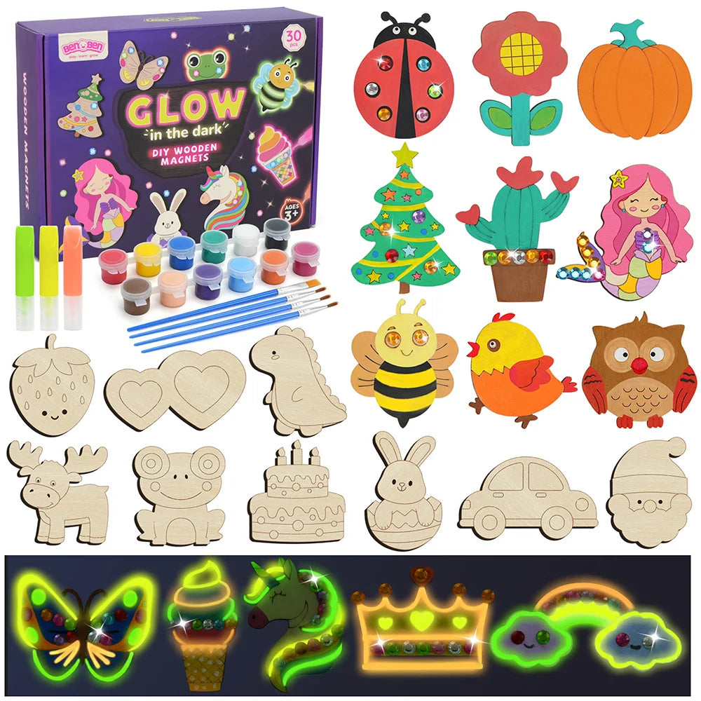 DIY Wooden Magnets Glow in The Dark, Arts Supplies Painting Kit