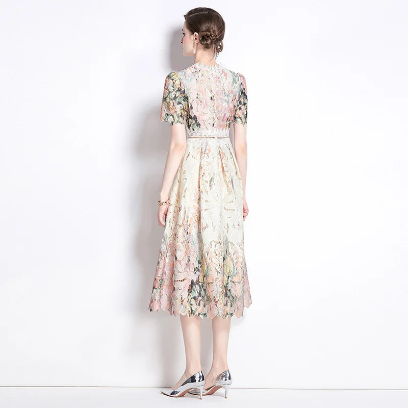 Lace Hollow out Print Midi Short-Sleeve A-Line Dress