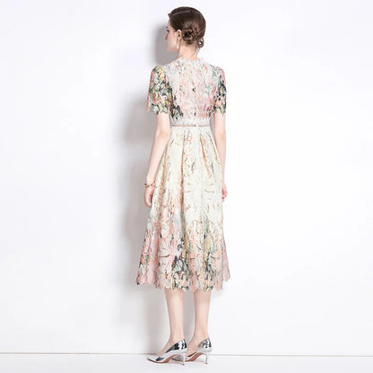Lace Hollow out Print Midi Short-Sleeve A-Line Dress