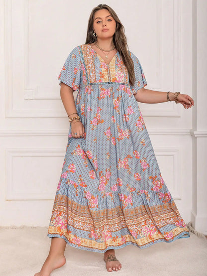 Plus Size Boho Floral V-Neck Maxi Dress